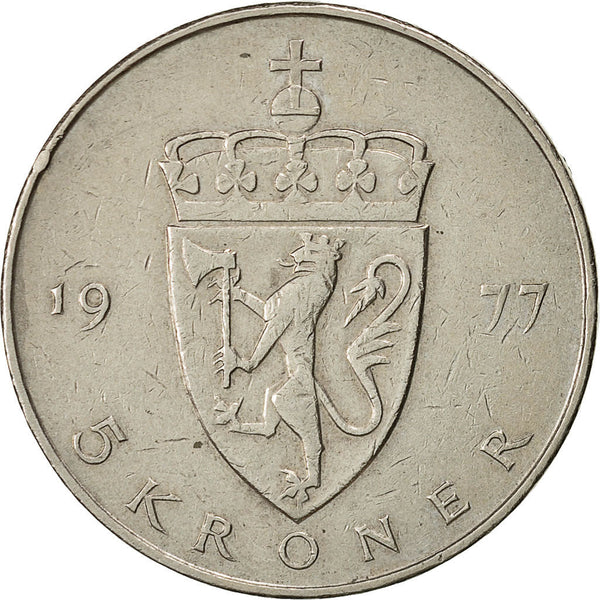 Norway 5 Kroner - Olav V Type 2 Coin KM420 1974 - 1988