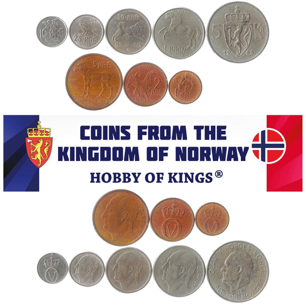 Norway 8 Coin Set 1 2 5 10 25 50 Ore 1 5 Kroner | King Olav V | Elk | Horse | Grouse | Chickadee | Elkhound | Bee | 1958 - 1973