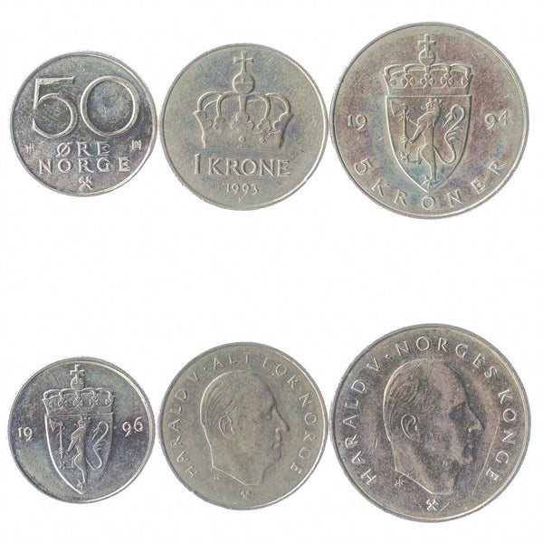 Norwegian 3 Coin Set 50 Øre 1 5 Kroner | King Harald V | Norway | 1992 - 1996