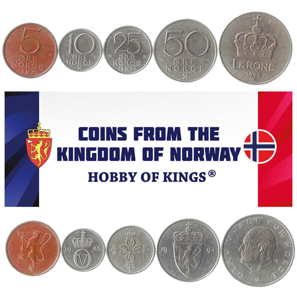 Norwegian 5 Coin Set 5 10 25 50 Ore 1 Krone | King Olav V | Norway | 1973 - 1991