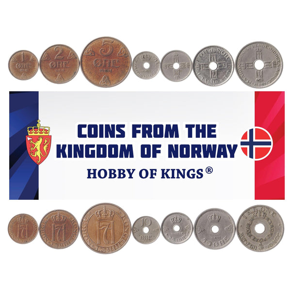 Norwegian 7 Coin Set 1 2 5 10 25 50 Øre 1 Krone | Cross | Norway | 1908 - 1952