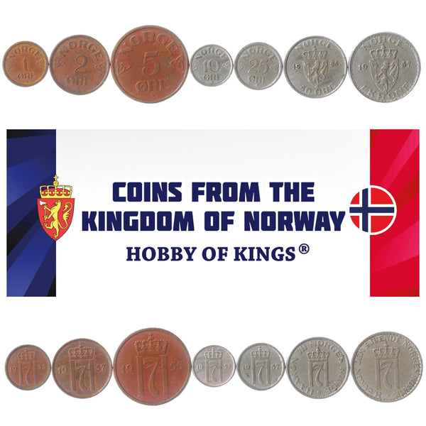 Norwegian 7 Coin Set 1 2 5 10 25 50 Øre 1 Krone | Norwegian Lion | Norway | 1951 - 1957