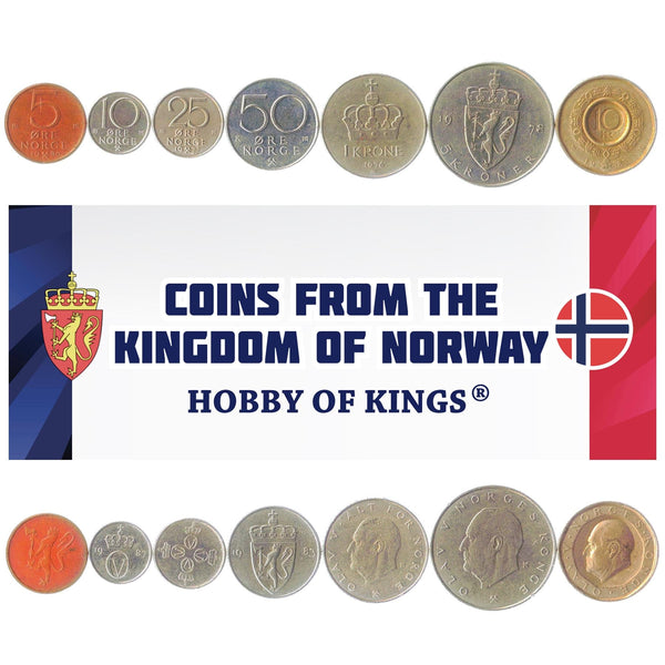 Norwegian 7 Coin Set 5 10 25 50 Øre 1 5 10 Kroner | King Olav V | Norway | 1973 - 1991