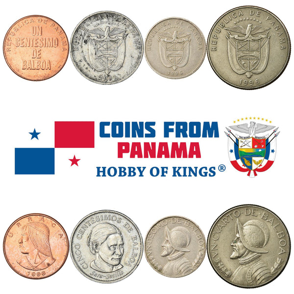 Panamanian 4 Coin Set 1 5 Centesimos 1/10 1/4 Balboa | Urraca | Sara Sotillo | Vasco Núñez De Balboa | Panama | 1996 - 2008
