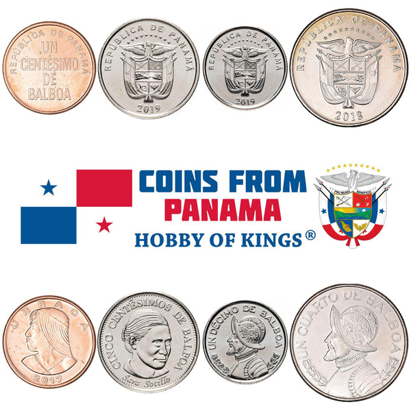 Panamanian 4 Coin Set 1 5 Centesimos 1/10 1/4 Balboa | Urraca | Sara Sotillo | Vasco Núñez De Balboa | Panama | 2017 - 2019
