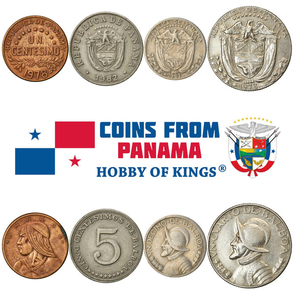 Panamanian 4 Coin Set 1 5 Centesimos 1/10 1/4 Balboa | Urraca | Vasco Núñez De Balboa | Panama | 1961 - 1993