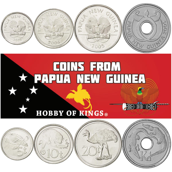 Papua New Guinean 4 Coin Set 5 10 20 Toea 1 Kina | Cuscus | Bird Of Paradise | Dwarf Cassowary | Crocodile | Turtle | Papua New Guinea | 2005 - 2018