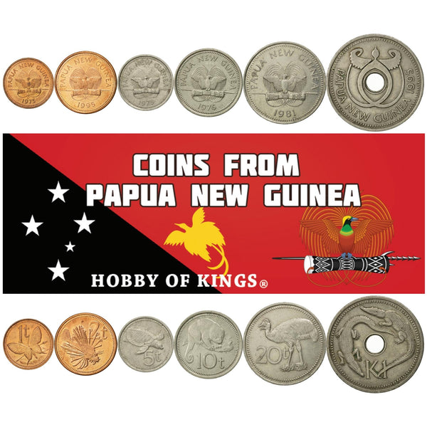 Papua New Guinean 6 Coin Set 1 2 5 10 20 Toea 1 Kina | Bird Of Paradise | Lionfish | Crocodile | Pig Nosed Turtle | Papua New Guinea | 1975 - 2001