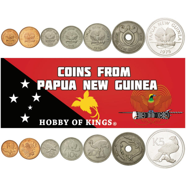 Papua New Guinean 7 Coin Set 1 2 5 10 20 Toea 1 5 Kina | Cuscus | Eagle | Lionfish | Crocodile | Turtle | Papua New Guinea | 1975 - 2001