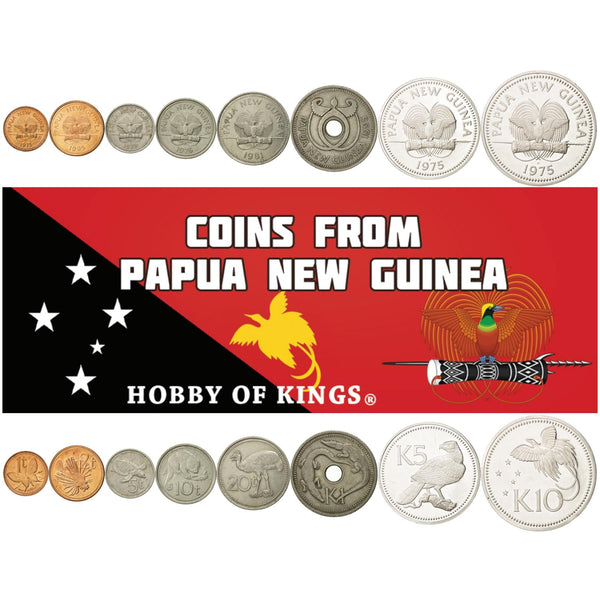 Papua New Guinean 8 Coin Set 1 2 5 10 20 Toea 1 5 10 Kina | Cuscus | Eagle | Lionfish | Crocodile | Turtle | Papua New Guinea | 1975 - 2001