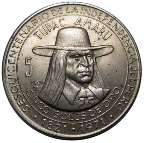 Peru | 5 Soles de Oro Coin | Independence | Tupac Amaru | KM254 | 1971