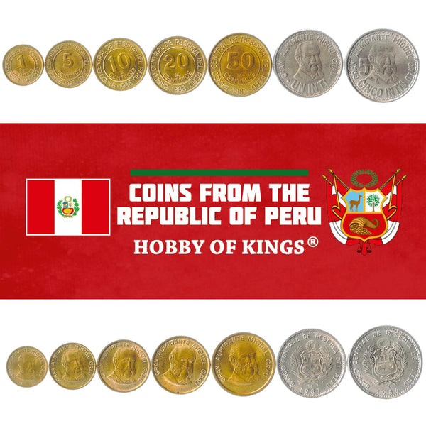 Peruvian 7 Coin Set 1 5 10 20 50 Céntimos 1 5 Intis | Miguel Grau Seminario | Shield of Peru | 1985 - 1988