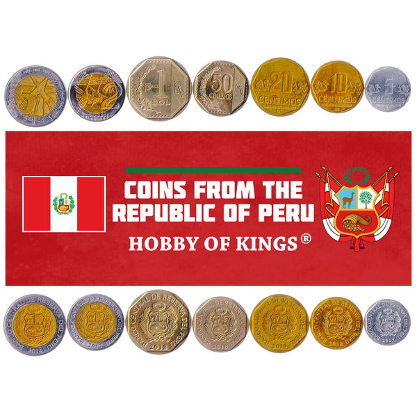 Peruvian 7 Coin Set 5 10 20 50 Céntimos 1 2 5 Soles | Hummingbird | Nazca Lines | Condor | 2016 - 2021