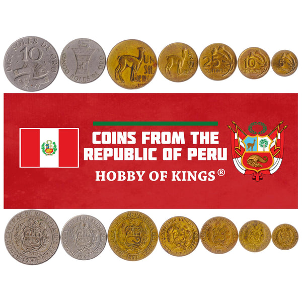 Peruvian 7 Coin Set 5 10 25 Centavos 1/2 1 5 10 Soles | Cinchona | Vicuña | Tupac Amaru | Inca Cup | Shield of Peru | Fish | 1966 - 1973