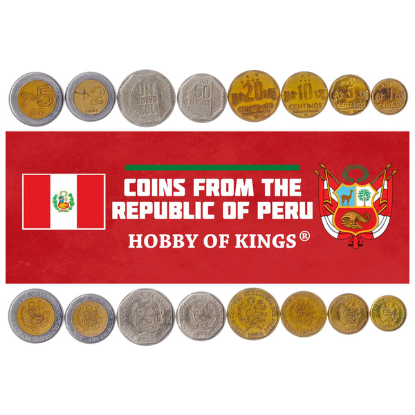 Peruvian 8 Coin Set 1 5 10 20 50 Céntimos 1 2 5 Nuevos | Laurel wreath | Hummingbird | Nazca Lines | Shield of Peru | Condor | 1991 - 2000