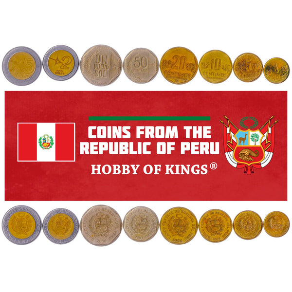 Peruvian 8 Coin Set 1 5 10 20 50 Céntimos 1 2 5 Nuevos | Laurel wreath | Hummingbird | Nazca Lines | Shield of Peru | Condor | 2001 - 2012