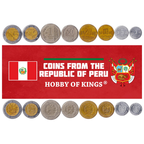 Peruvian 8 Coin Set 1 5 10 20 50 Céntimos 1 2 5 Nuevos | Laurel wreath | Hummingbird | Nazca Lines | Shield of Peru | Condor | 2005 - 2015