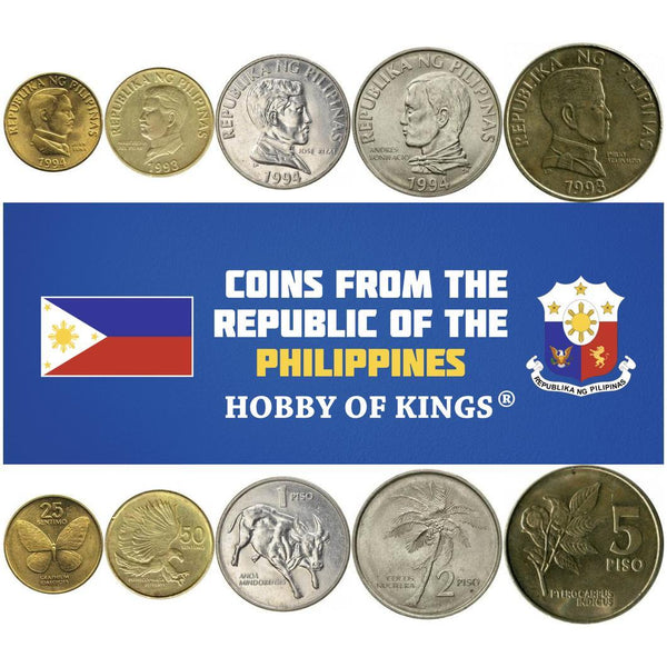 Philippines | 5 Coin Set | 25 50 Sentimos 1 2 5 Piso | 1991 - 1994