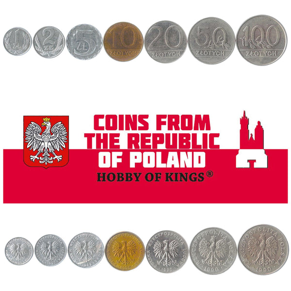 Polish 7 Coin Set 1 2 5 10 20 50 100 Złoty | White Crowned Eagle | Poland | 1989 - 1990