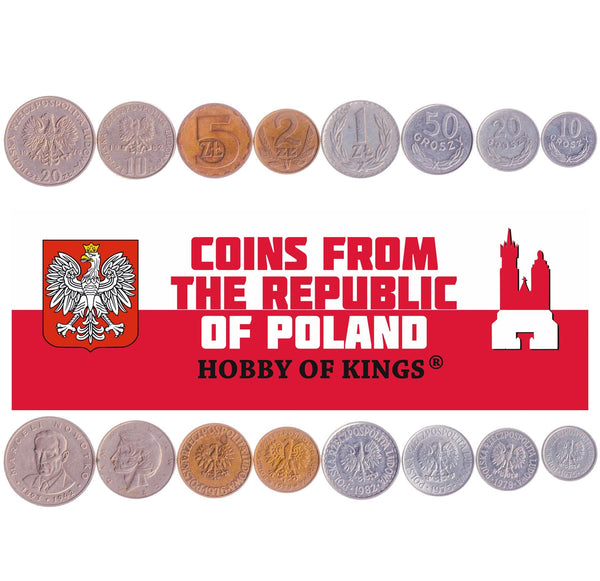 Polish 8 Coin Set 10 20 50 Grosz 1 2 5 10 20 Złoty | White Crowned Eagle | Poland | 1975 - 1985