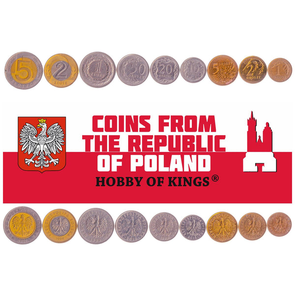 Polish 9 Coin Set 1 2 5 10 20 50 Grosz 1 2 5 Złote | White Crowned Eagle | Poland | 1990 - 2016