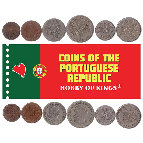 Portuguese 6 Coin Set 10 20 50 Centavos 1 2.50 5 Escudos | Ship | Republica | Quinas | Portugal | 1927 - 1969
