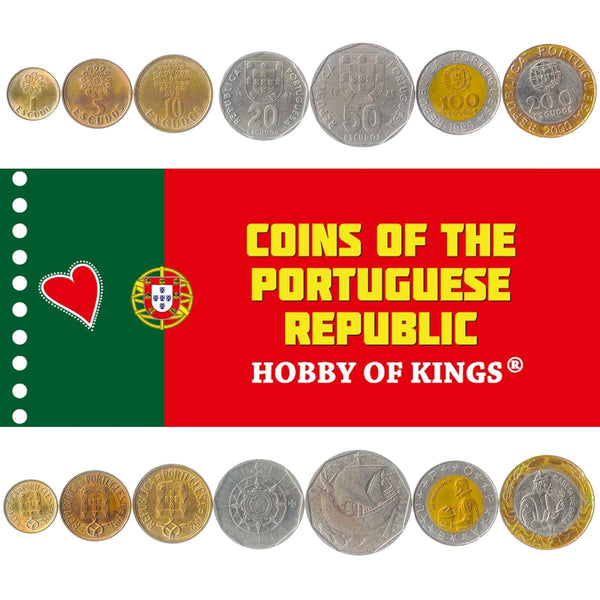 Portuguese 7 Coin Set 1 5 10 20 50 100 200 Escudos | Pedro Nunes | Garcia De Orta | Ship | Nautical Compass | Portugal | 1986 - 2001