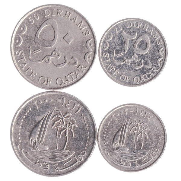 Qatari 2 Coin Set 25 50 Dirhams | Palm Trees | Sailing Ship - Dhow | 2000 - 2003