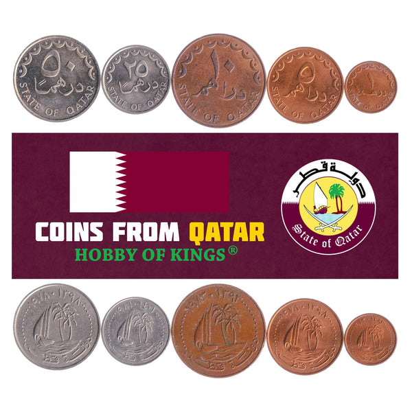 Qatari 5 Coin Set 1 5 10 25 50 Dirhams | Palm Trees | Sailing Ship - Dhow | 1972 - 1998