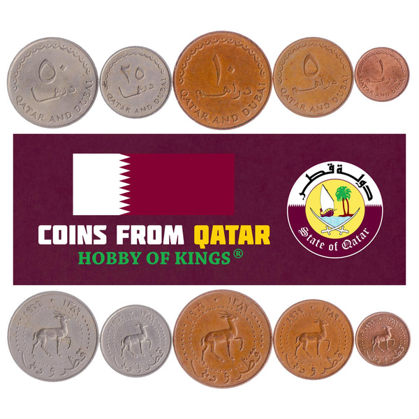 Qatari and Dubaian 5 Coin Set 1 5 10 25 50 Dirhams | Goitered Gazelle | 1966 - 1971