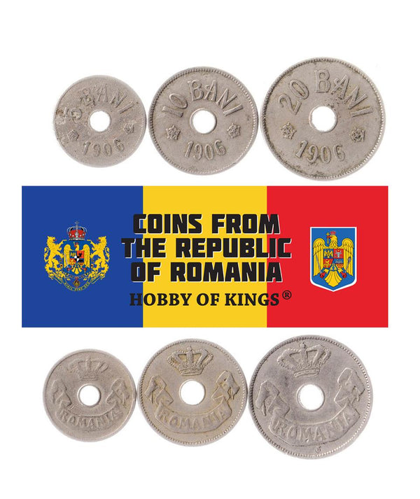 Romanian 3 Coin Set 5 10 20 Bani | Crown | Ribbon | 1905 - 1906