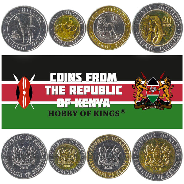 Set 4 Coins Kenya 1 5 10 20 Shillings 2018 African Animals