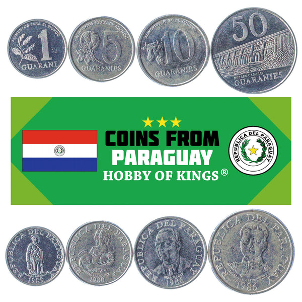 Set 4 Coins Paraguay South American Currency 1 5 10 50 Guaranies 1978 - 1988