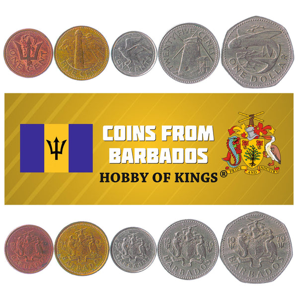 Set 5 Coins Barbados 1 5 10 25 Cents 1 Dollar 1973 - 2007