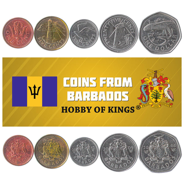 Set 5 Coins Barbados 1 5 10 25 Cents 1 Dollar 2007 - 2019