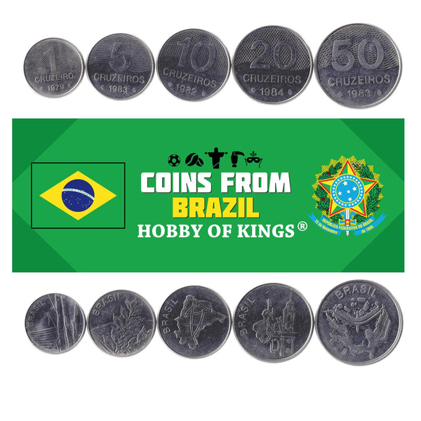 Set 5 Coins Brazil 1 5 10 20 50 Cruzeiros Brazilian Currency 1979 - 1984
