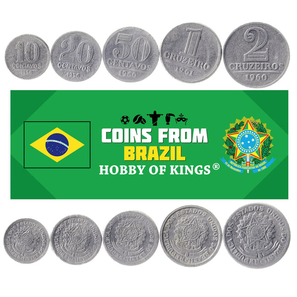 Set 5 Coins Brazil 10 20 50 Centavos 1 2 Cruzeiros Brazilian Currency 1956 - 1961