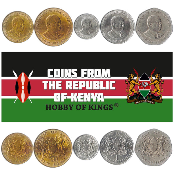 Set 5 Coins Kenya 5 10 50 Cents 1 5 Shillings 1978 - 1991