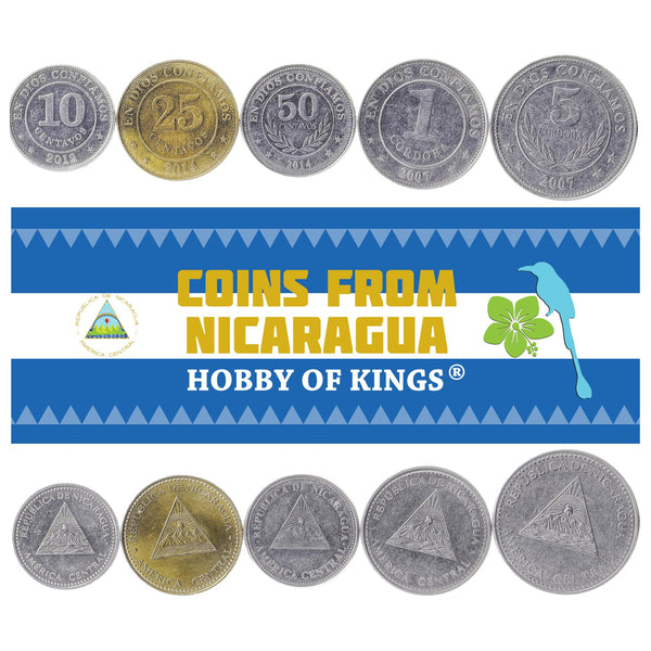 Set 5 Coins Nicaragua 10, 25, 50 Centavos, 1, 5 Cordobas 2002 - 2015