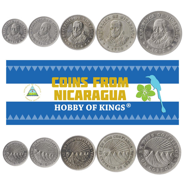 Set 5 Coins Nicaragua 5, 10, 25, 50 Centavos, 1 Cordoba 1972 - 1974