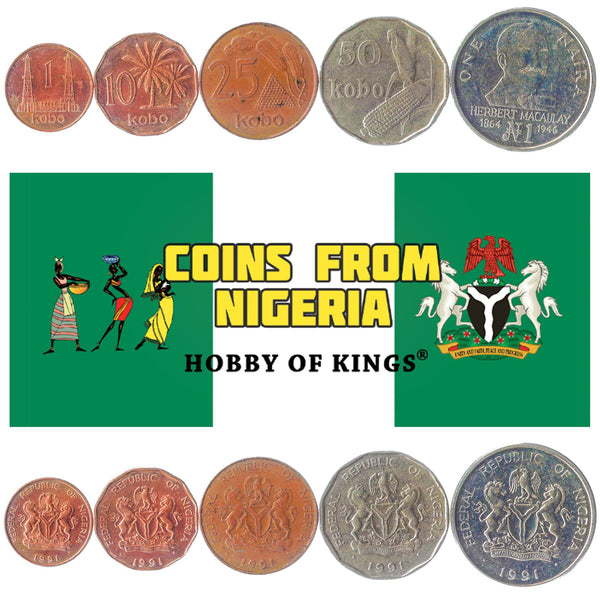 Set 5 Coins Nigeria 1 10 25 50 Kobo 1 Naira 1991 - 1993