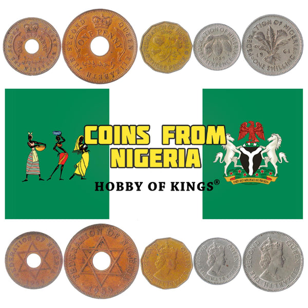 Set 5 Coins Nigeria 1/2 1 Penny 3 6 Pence 1 Shilling 1959 - 1962