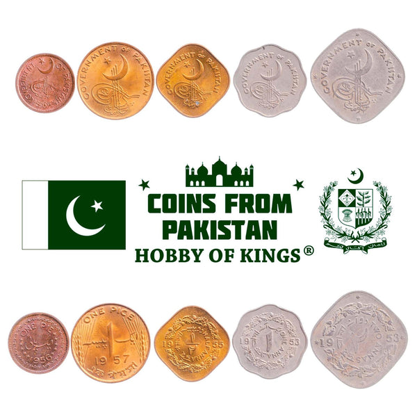 Set 5 Coins Pakistan 1 Pie 1 Pice 1/2 1 2 Annas 1953 - 1959