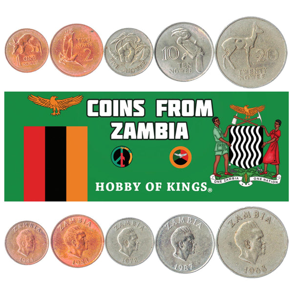 Set 5 Coins Zambia 1 2 5 10 20 Ngwee African Money 1968 - 1988
