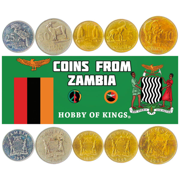 Set 5 Coins Zambia 25 50 Ngwee 1 5 10 Kwacha 1989 - 1992