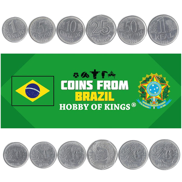 Set 6 Coins Brazil 1 5 10 25 50 Centavos 1 Real Brazilian Currency 1994 - 1997