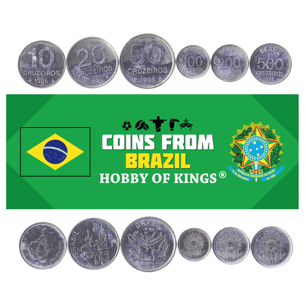 Set 6 Coins Brazil 10 20 50 100 200 500 Cruzeiros Brazilian Currency 1985 - 1986