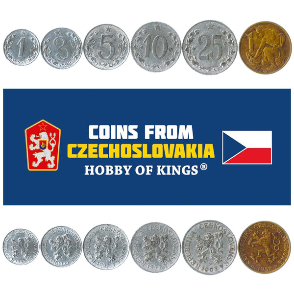 Set 6 Coins | Czechoslovakia | 1 3 5 10 25 Hellers 1 Koruna | 1953 - 1960