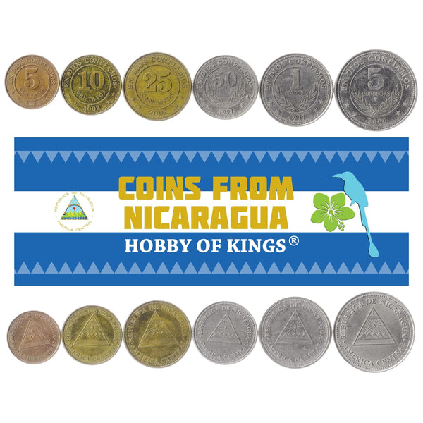Set 6 Coins Nicaragua 5, 10, 25, 50 Centavos, 1, 5 Cordobas 1997 - 2003