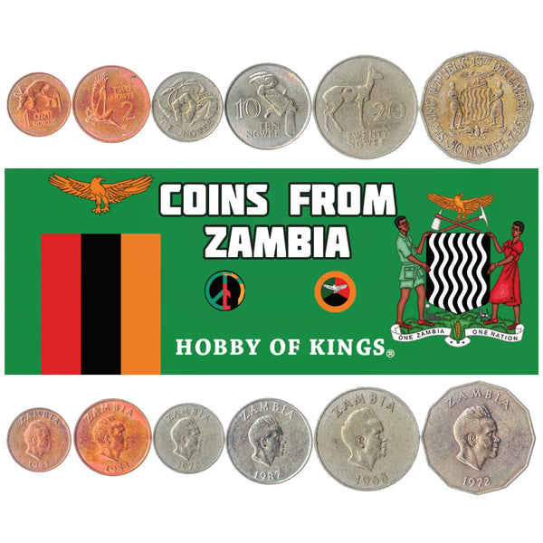 Set 6 Coins Zambia 1 2 5 10 20 50 Ngwee African Money 1968 - 1988